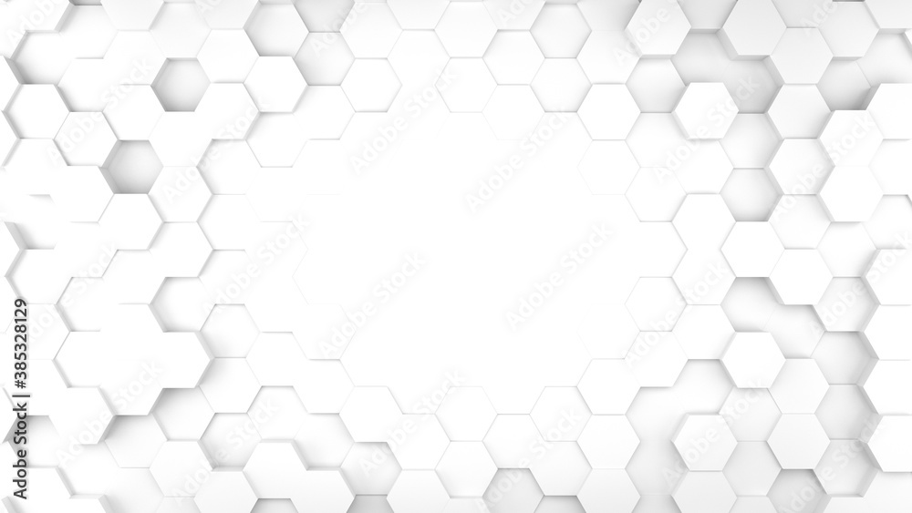 Fototapeta 3D hexagonal abstract background white. Concept of clean futuristic space, basic geometry.
