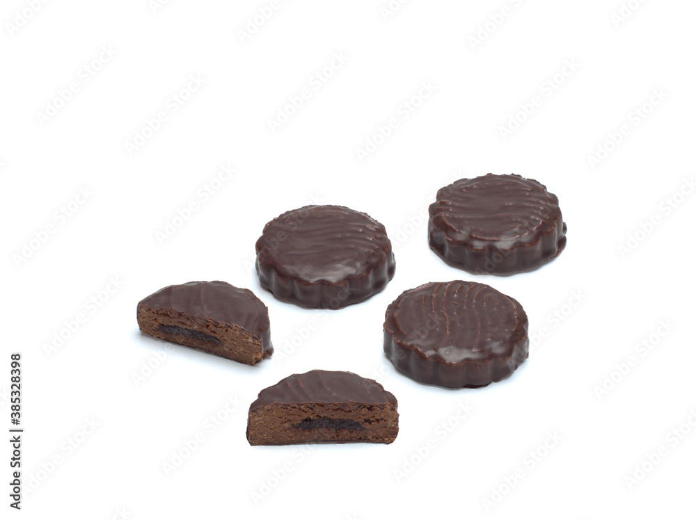 Top view of chocolate biscuits filled with biscuit crumbs and condensed milk and cocoa isolated on white background Top view of chocolate biscuits filled with biscuit crumbs and condensed milk and cocoa isolated on white background