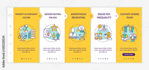 Gender diversity implementation tips onboarding vector template. Gender neutral job ad. Anonymous recruiting. Responsive mobile website with icons. Webpage walkthrough step screens. RGB color concept