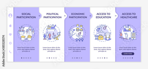 Gender gap criteria onboarding vector template. Social participation. Access to education. Responsive mobile website with icons. Webpage walkthrough step screens. RGB color concept
