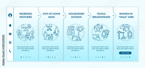 Changing gender roles onboarding vector template. Hard working mothers. Housework division. Responsive mobile website with icons. Webpage walkthrough step screens. RGB color concept