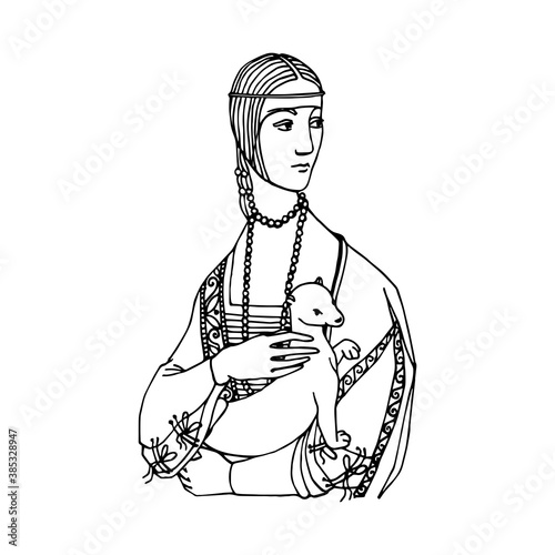 a lady with an ermine in her hands and wearing medieval clothing, vector illustration with black ink contour lines isolated on a white background in a hand drawn style photo