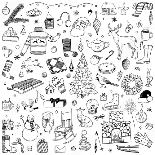Winter time doodles collection. Hand drawn vector illustrations. Contour drawings of clothing, animals, holidays accessories, foods, cozy items. Outline vintage elements isolated on white for design. photo