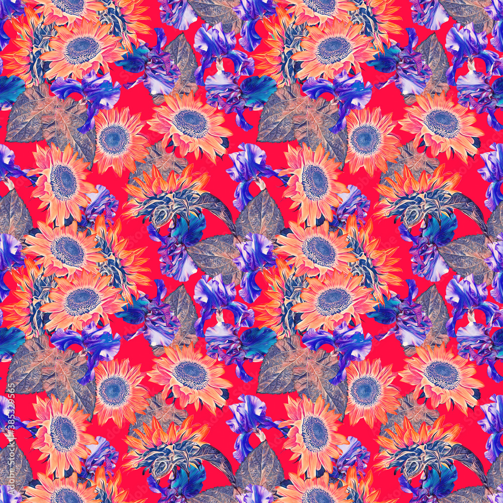 Fototapeta premium Sunflowers with irisflowers seamless pattern. Watercolor illustration, handpainted art.
