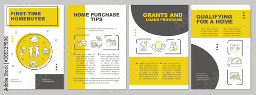 Grants and loan programs brochure template. First time homebuyer. Flyer, booklet, leaflet print, cover design with linear icons. Vector layouts for magazines, annual reports, advertising posters