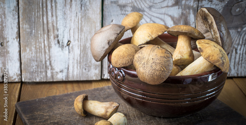 Forest mushrooms in a dark bowl on a wooden background. Copy space. Leccinum scabrum. Xerocomus.
