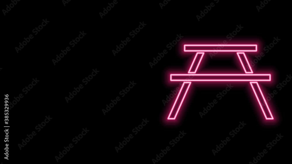 Glowing neon line Picnic table with benches on either side of the table icon isolated on black background. 4K Video motion graphic animation Glowing neon line Picnic table with benches on either side of the table icon isolated on black background. 4K Video motion graphic animation