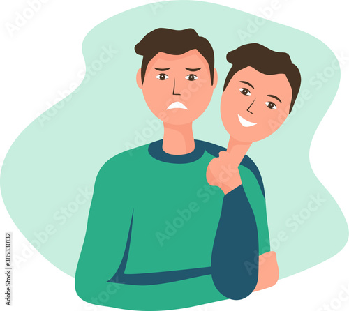A man hides his negative emotions under a mask. Sadness, sadness and pain hides with a smile on his face. The concept of psychological problems, closed feelings and social restrictions.