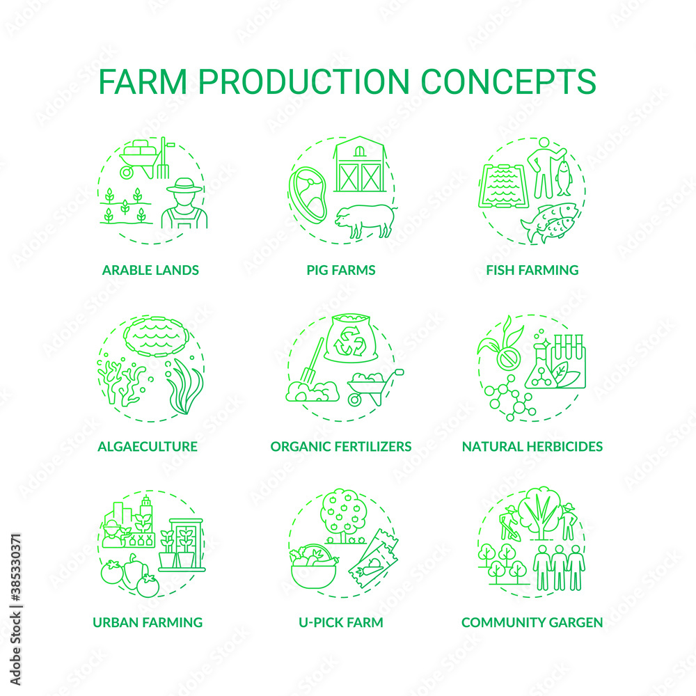 Farm production concept icons set. Natural gardening product creating ideas. Innovational cultivation industry. Farms idea thin line RGB color illustrations. Vector isolated outline drawings