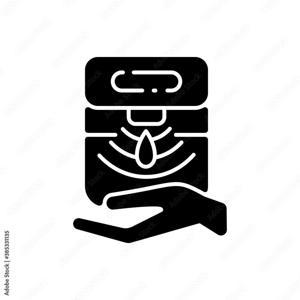 Automatic hand sanitizer dispenser black glyph icon. Liquid soap in bathroom. Antibacterial product in public toilet. Silhouette symbol on white space. Vector isolated illustration Automatic hand sanitizer dispenser black glyph icon. Liquid soap in bathroom. Antibacterial product in public toilet. Silhouette symbol on white space. Vector isolated illustration