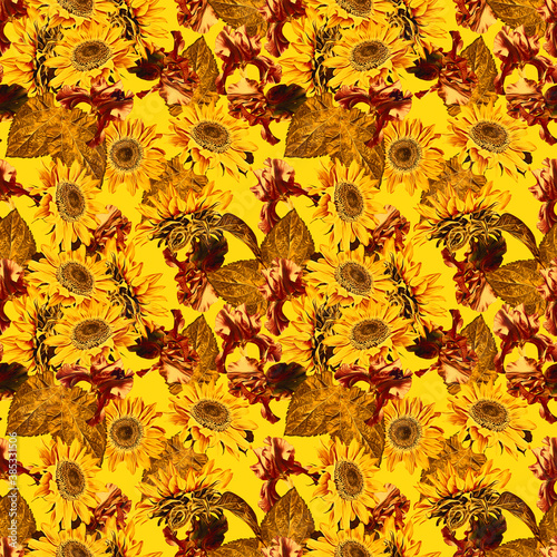 Sunflowers with irisflowers seamless pattern. Watercolor illustration, handpainted art. photo