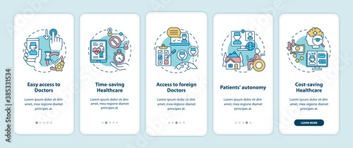 Telemedicine benefits onboarding mobile app page screen with concepts. Mediacl technologies walkthrough 5 steps graphic instructions. UI vector template with RGB color illustrations