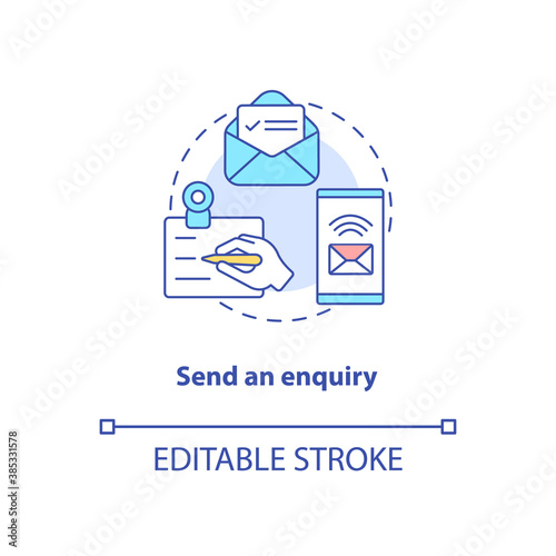 Send an enquiry concept icon. Telemedical consultation steps. Health devices. Online communication with pacient idea thin line illustration. Vector isolated outline RGB color drawing. Editable stroke