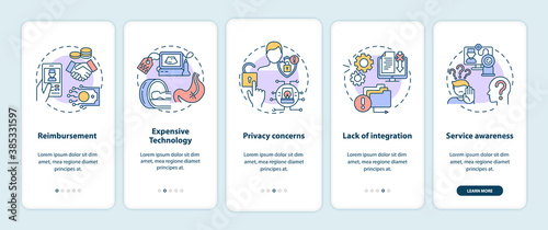 Telemedicine challenges onboarding mobile app page screen with concepts. Future hospital service walkthrough 5 steps graphic instructions. UI vector template with RGB color illustrations