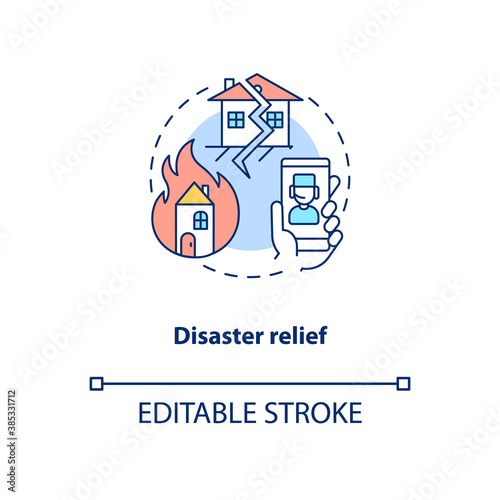 Disaster relief concept icon. Telemedicine pros. Helping other doctors. Advantages of remote medicine idea thin line illustration. Vector isolated outline RGB color drawing. Editable stroke