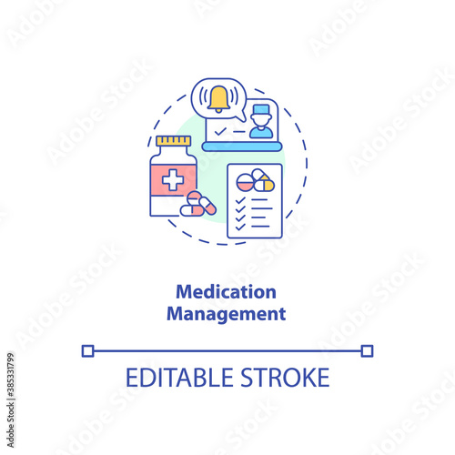 Medication management concept icon. Telemedicine services types. Healthcare devices. Future patient treatment idea thin line illustration. Vector isolated outline RGB color drawing. Editable stroke
