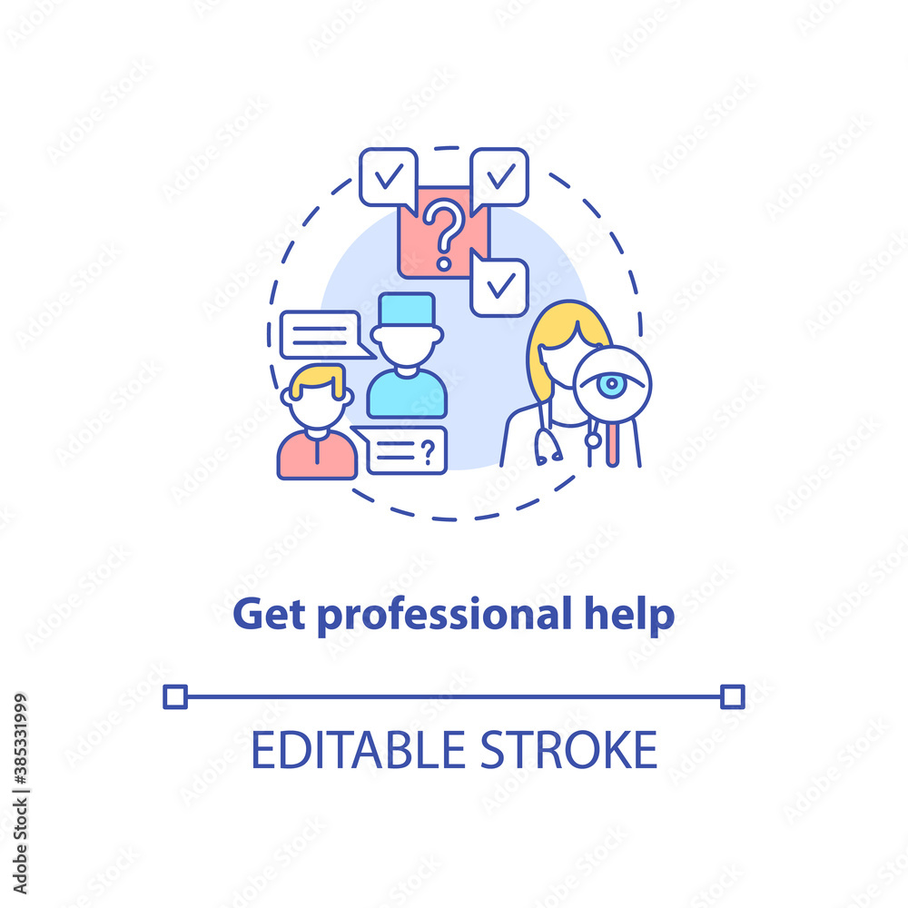 Get professional help concept icon. Telemedical consultation steps. Future doctor services. Medical improvement idea thin line illustration. Vector isolated outline RGB color drawing. Editable stroke Get professional help concept icon. Telemedical consultation steps. Future doctor services. Medical improvement idea thin line illustration. Vector isolated outline RGB color drawing. Editable stroke