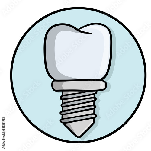 Tooth pin. White Dentist element. Operation for health. Doctor job. Color Cartoon illustration. Dental care and implant. Medical white part with the thread for the mouth