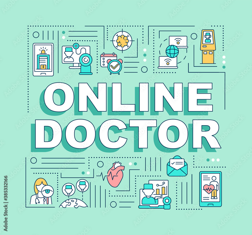 Online doctor word concepts banner. Healthcare without home leaving. Prescription online. Infographics with linear icons on green background. Isolated typography. Vector outline RGB color illustration