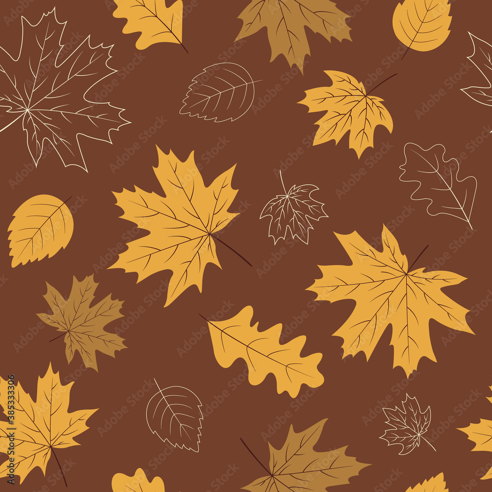 Fall Seamless Pattern With Yellow Maple, Oak And Birch Leaves