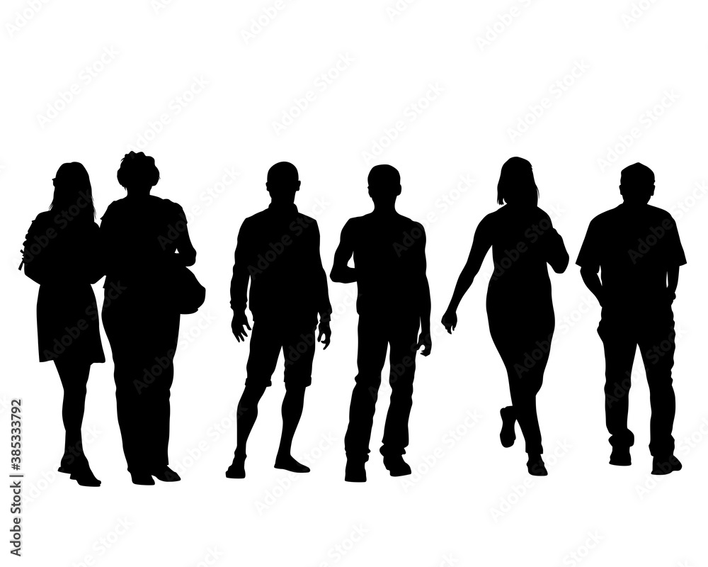 Big crowds people on street. Isolated silhouette on a white background