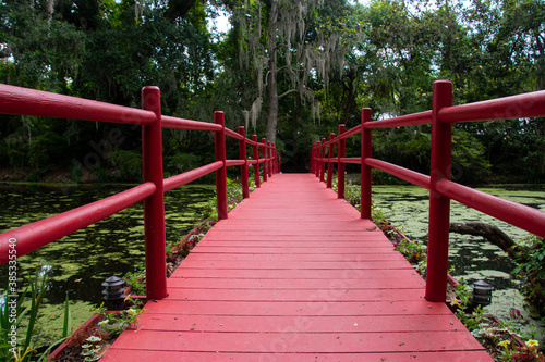 Looking down a red footbridge that crosses a swamp garden in the Magnolia Plantation Charleston  South Carolina