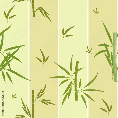 Bamboo stems and leaves on a background of light green monochrome stripes. Seamless pattern for textiles, paper or Wallpaper. Abstract vector illustration.