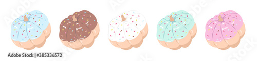 Cute pumpkins in shape of donuts in pastel colors. Set of illustration with decorated pumpkins