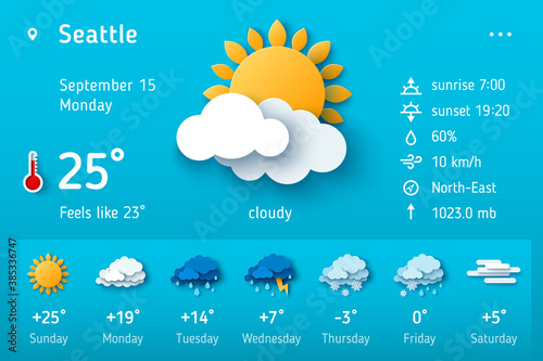 Weather forecast widget. Vector illustration. Daily weather forecast application template. Temperature, wind direction, atmosphere pressure, sunrise and sunset icons set. Paper cut climate signs photo