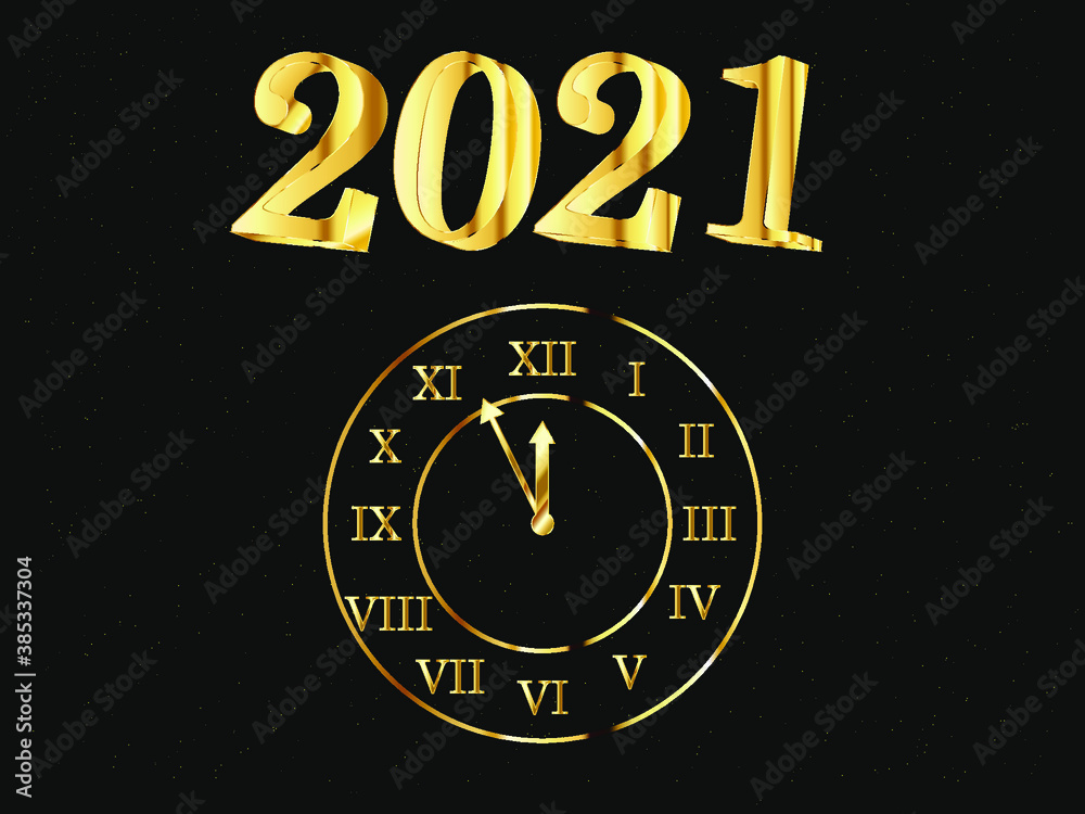 happy new year 2021. black background with gold clock. vector graphics