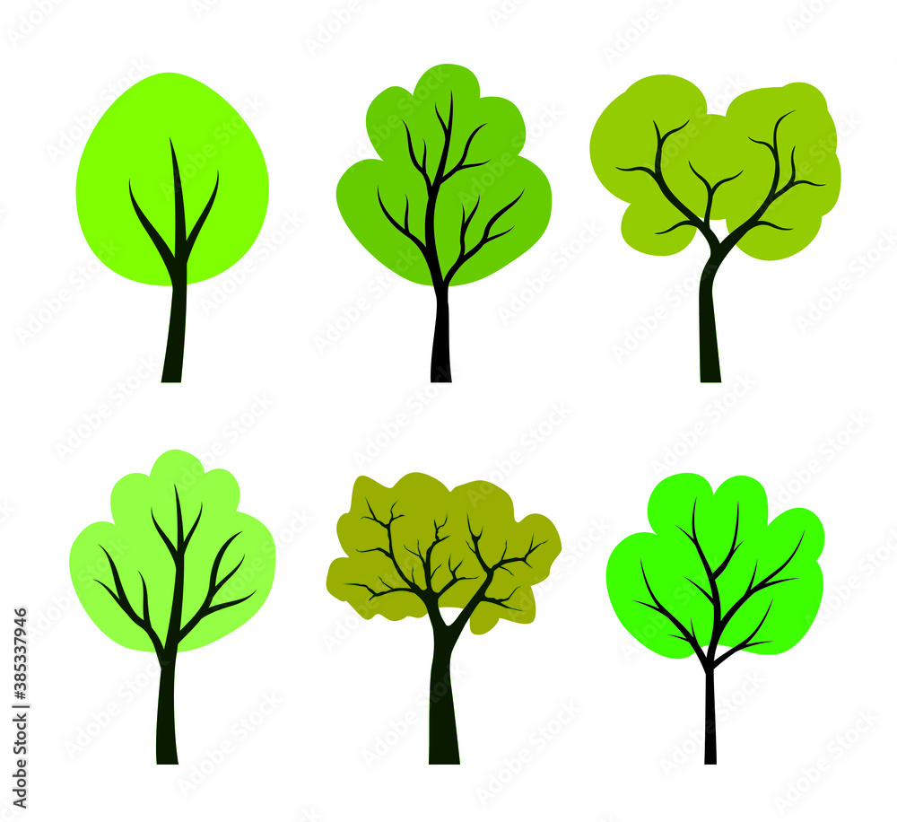 Set of Tree Icons with green leaves. Illustration with vector outline. Plants in the garden.