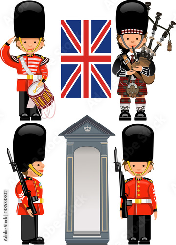 A Royal Guard drummer Scottish bagpiper