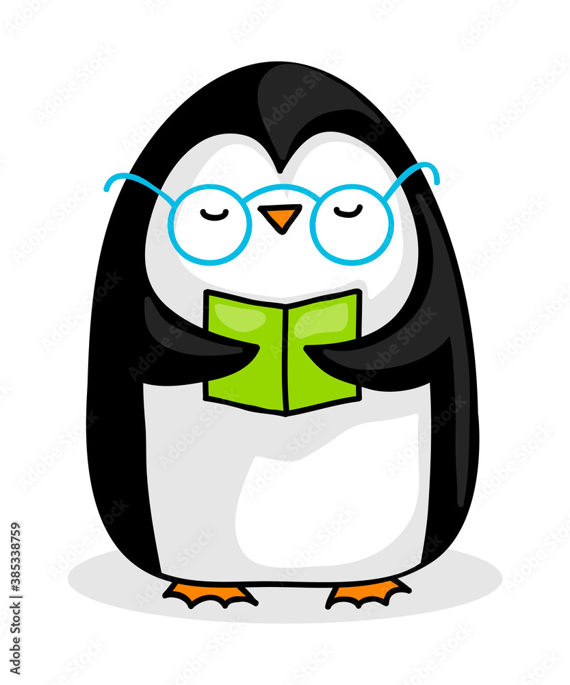 Obraz premium Cute cartoon penguin with glasses reading a book