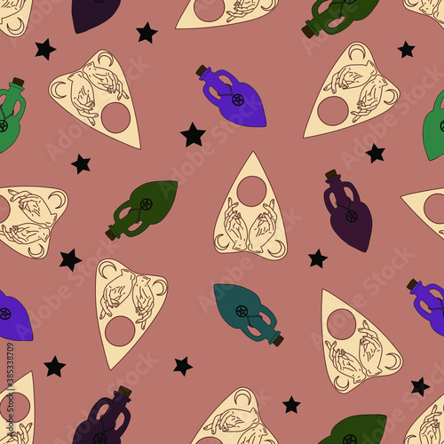 Magical art Ouija board object and bottle for potion and stars. Seamless pattern with witch object Mystical illustration .Vector card on color background. Perfect for background,  wrapping paper 