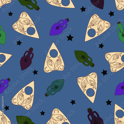 Magical art Ouija board object and bottle for potion and stars. Seamless pattern with witch object Mystical illustration .Vector card on color background. Perfect for background,  wrapping paper 