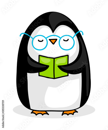 Cute cartoon penguin with glasses reading a book © zsooofija