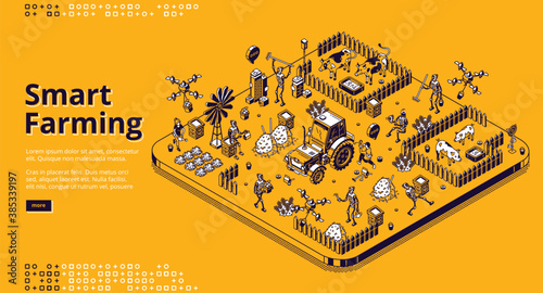 Smart farming isometric landing page with robots and people working on farm or field, cyborgs feeding cattle, harvesting. Automated village agriculture, animal husbandry 3d vector line art web banner
