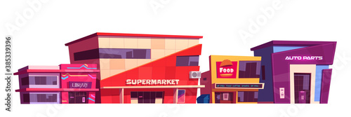 Shops and commercial buildings exterior isolated on white background. Vector cartoon set of cafe, library and supermarket facade. Modern city architecture of auto parts store