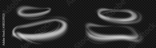 Circle smoke rings isolated on transparent background. Vector realistic mockup of flow mist swirls, white fog or steam round clouds. Smoke effect from hookah, cigarette or vape