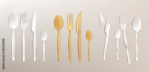 3d cutlery wood and broken plastic, disposable fork, spoon and knife. Isolated bamboo biodegradable table setting made of natural eco recycle reusable material, Realistic vector illustration, set