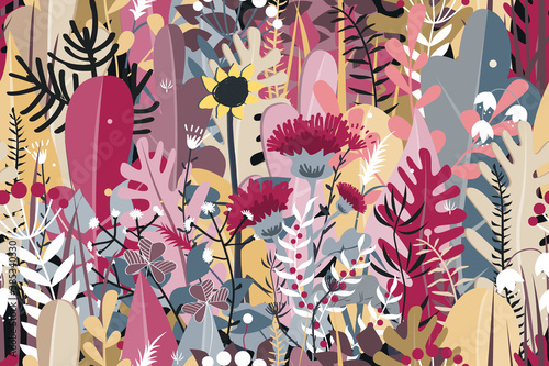 Doodle seamless pattern of stylized autumn flowers, leaves and trees for greeting cards, textile, or banners. Meadow or forest autumn grass