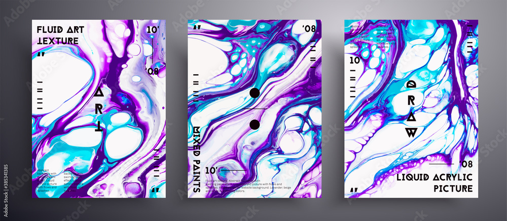 Abstract liquid poster, fluid art vector texture collection. Beautiful background that can be used for design cover, poster, brochure and etc. Purple, navy blue and white creative iridescent artwork
