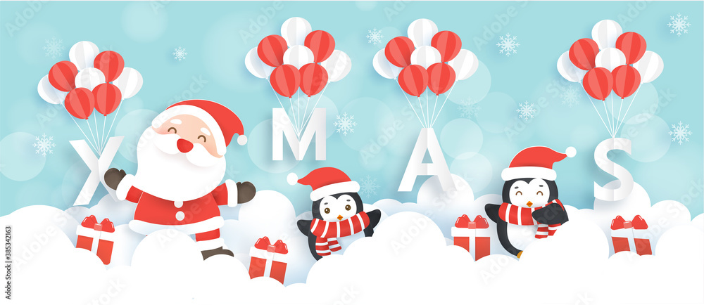 Fototapeta premium Merry Christmas and happy new year banner with cute Santa Clause and penguins.