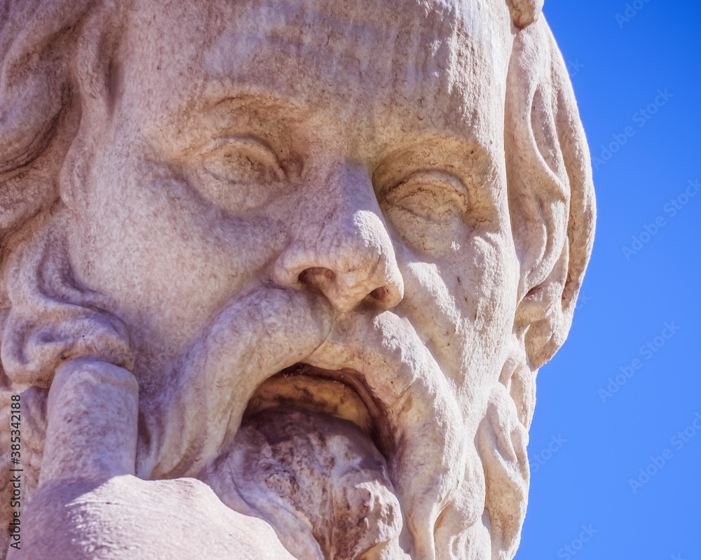 Socrates portrait, the ancient philosopher and thinker, detail of marble statue in Athens Greece