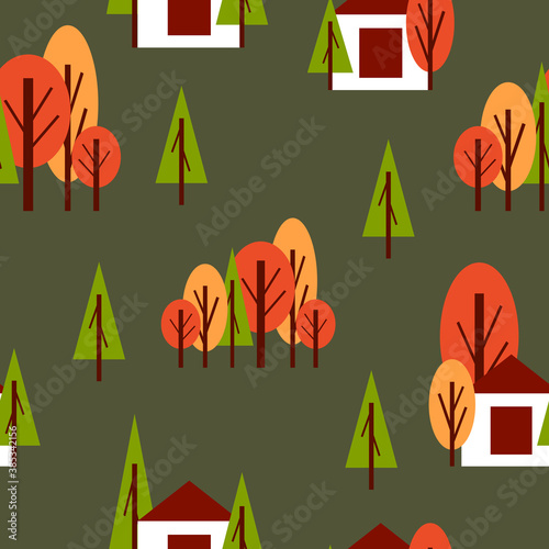 Seamless pattern with autumn trees and white country house. Red, green and orange. Dark green background. Cartoon style. Garden, forest. Postcards, wallpaper, textile, scrapbooking and wrapping paper