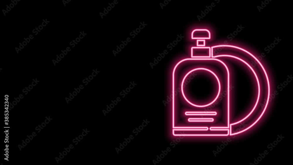 Glowing neon line Dishwashing liquid bottle and plate icon isolated on black background. Liquid detergent for washing dishes. 4K Video motion graphic animation Glowing neon line Dishwashing liquid bottle and plate icon isolated on black background. Liquid detergent for washing dishes. 4K Video motion graphic animation