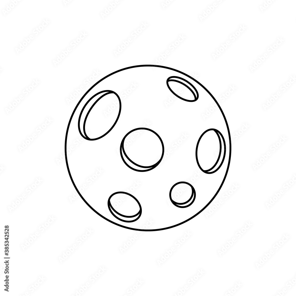 Vector line art Moon. Isolated magic Moon. Black contour of the full Moon on the white background. Coloring cartoon illustration.