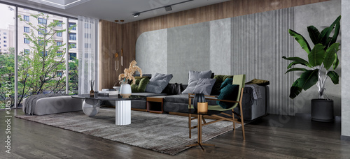 Modern interior style with grey sofa, pillows in earth colors, concrete and wood wall, 3d rendering