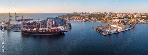 container ship at odessa port panorama at sunrise
