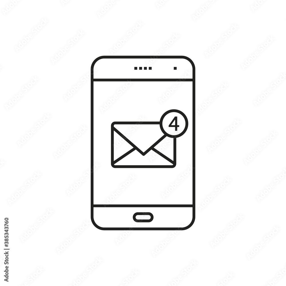 Notification of a new email on your mobile phone or smartphone. Mail icon. Vector flat line illustration Notification of a new email on your mobile phone or smartphone. Mail icon. Vector flat line illustration
